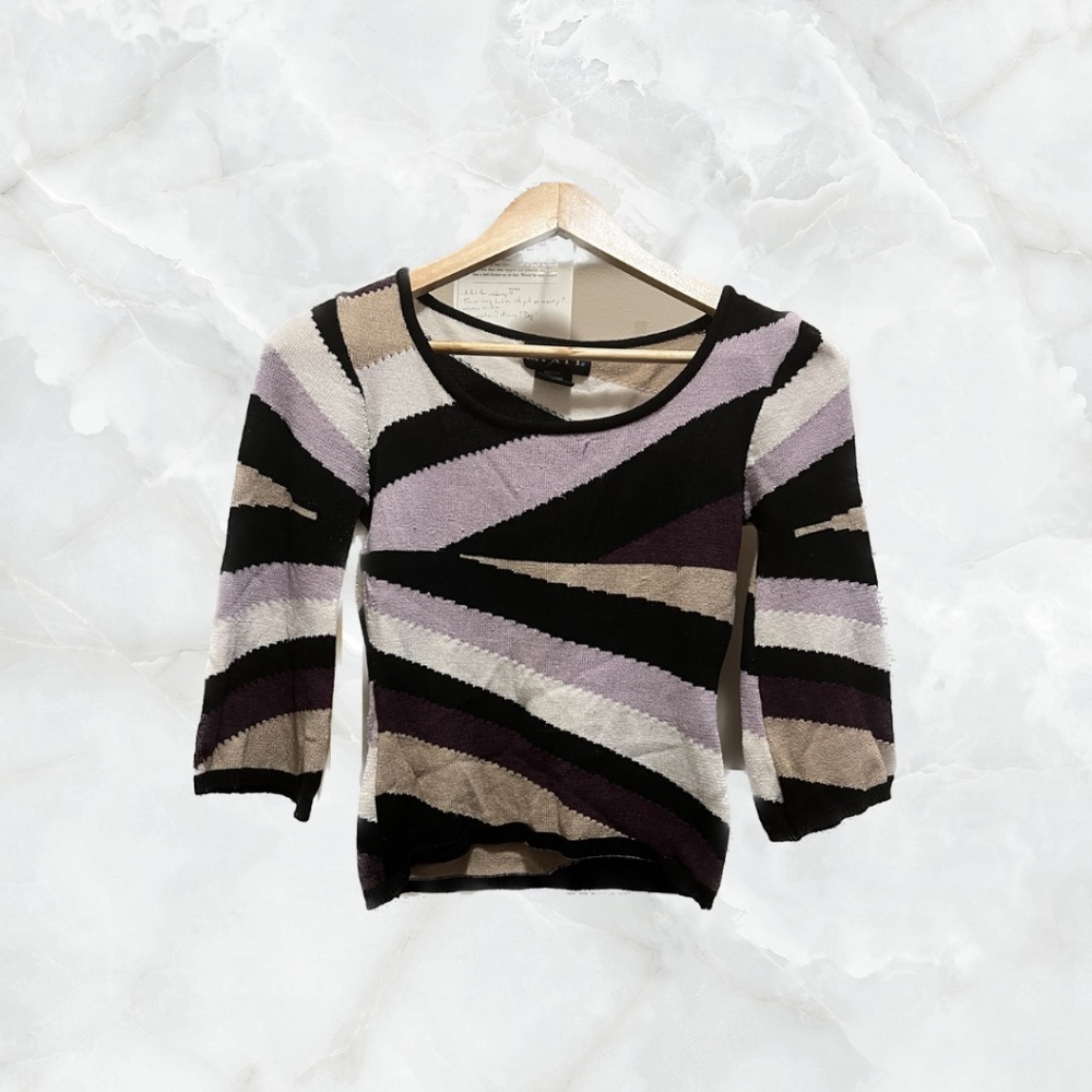 Purple, Black, Tan, and White Striped Half Sleeve Blouse Made in Korea